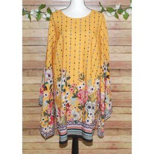 Shein Curve 2XL Yellow Shift Dress Long Kimono Sleeve Floral Knee Length Casual